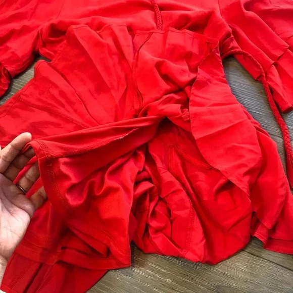 The Nines Red Flowy Mini Dress Tie Waist Bell Sleeves Womens Size Large - Picture 7 of 11